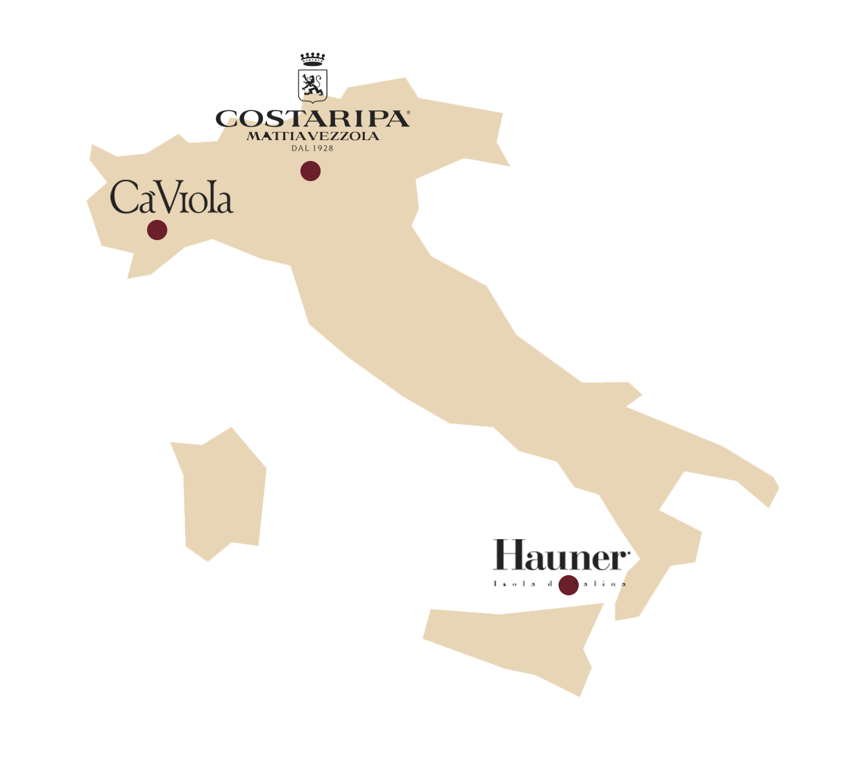 Italy map with three highlighted locations